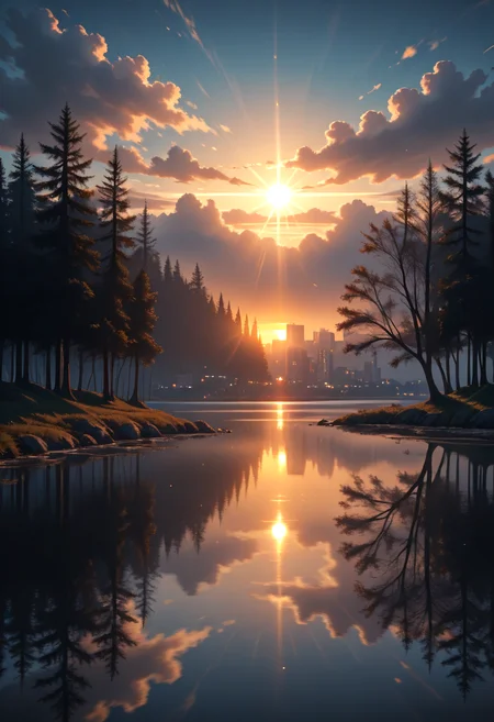outdoors, lake,, water, , sunset, light ray, lens flare, reflection, scenery, no humans, horizon, city lights, , fog, trees,