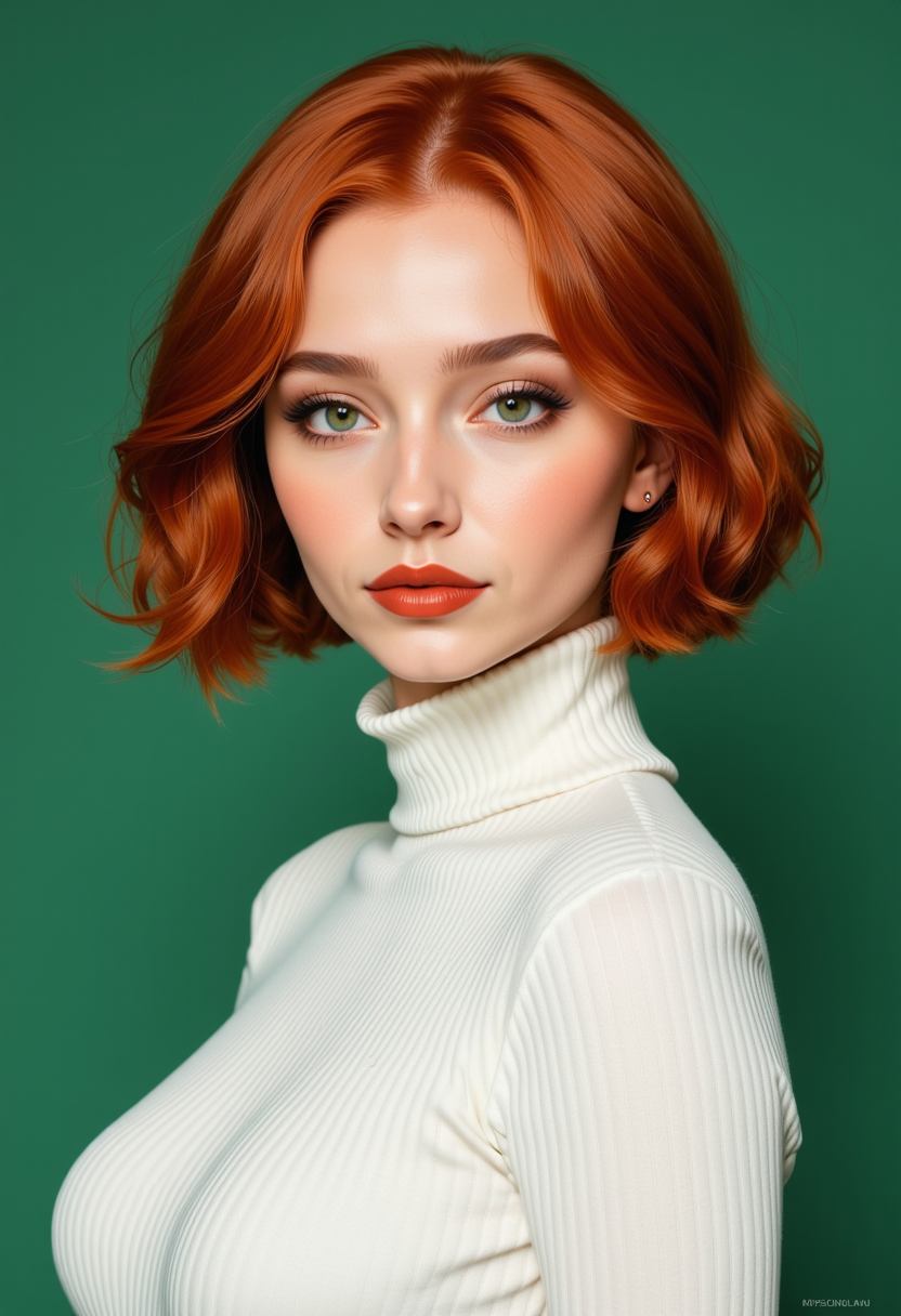 profile Headshots,masterpiece, a beautiful woman,Hyperrealistic, she is smiling, dynamic angles, multiple angles, photoshoot poses; A photo of Redhead 4, a woman with short hair, she has massive breasts, a beautiful girl,she is wearing a white turtleneck sweater.she has massive breasts, she has piercing eyes. a dynamic pose and a sense of action. simple green background, and the lighting is soft, creating a dramatic effect, creating a focused and dynamic pose.; the scene is set in a beautiful well-lit environment, with a sense of action and adventure. Style: realistic hyper-detailed rendering, 32k UHD, expressive eyes, punk, graphic design, girl's face, pretty and cute, gleaming lips, telling a tale of adventure. Exuding confidence and serenity. The overall mood of the image is happy and relaxed, detailed skin texture,(blush:0.2),(goosebumps:0.3), subsurface scattering,with a playful and whimsical tone,perfect hand, hand, detailed hand,Niji Stan Katayama Style,retro50s_style,