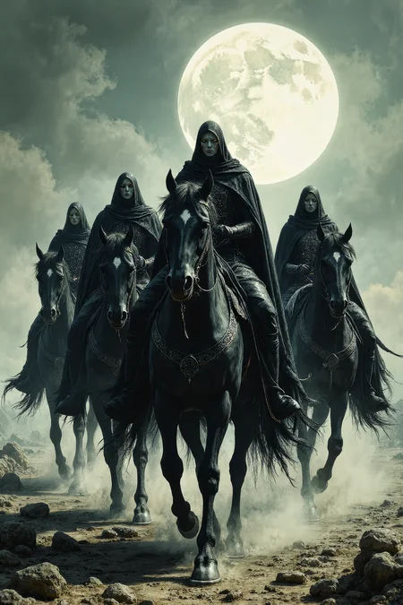 ORIGINAL PROMPT:
A fantasy depiction of the Nazgûl, mounted on their steeds. complex patterns.
PRODUCTION PROMPT:
Imaginative renderings of the four Nazgûl riders from J.R.R. Tolkien's The Lord of the Rings, astride their towering black stallions, adorned in intricate and foreboding silks that shimmer like dark, molten lava in the faint moonlight. Their armor, a deep, burnished black, seems to absorb the light around it, radiating an aura of malevolence and power. The riders' faces are deathly pale, their eyes gleaming with an otherworldly energy as they regard the land with an air of dark purpose.
The Nazgûl on horseback seem to embody the very essence of darkness and malice, their steeds reflecting their rider's twisted nature in every muscle and movement. The stallions are massive and imposing, with long manes that flow like night itself as they move beneath the pale moonlight. Their hooves strike the ground with a rhythmic, mournful beat, echoing through the desolate landscape.
As the riders gallop across the barren, rocky terrain, their robes seem to billow behind them like dark wings, stirring up small whirlwinds of dust and debris. The air is heavy with an unnatural silence, as if the very land itself is cowed by the presence of these formidable foes. <lora:Artistic realism V2:0.40> <lora:flux_realism_lora:0.20> <lora:Mezzotint_Artstyle_for_Flux_-_by_Ethanar:0.40>