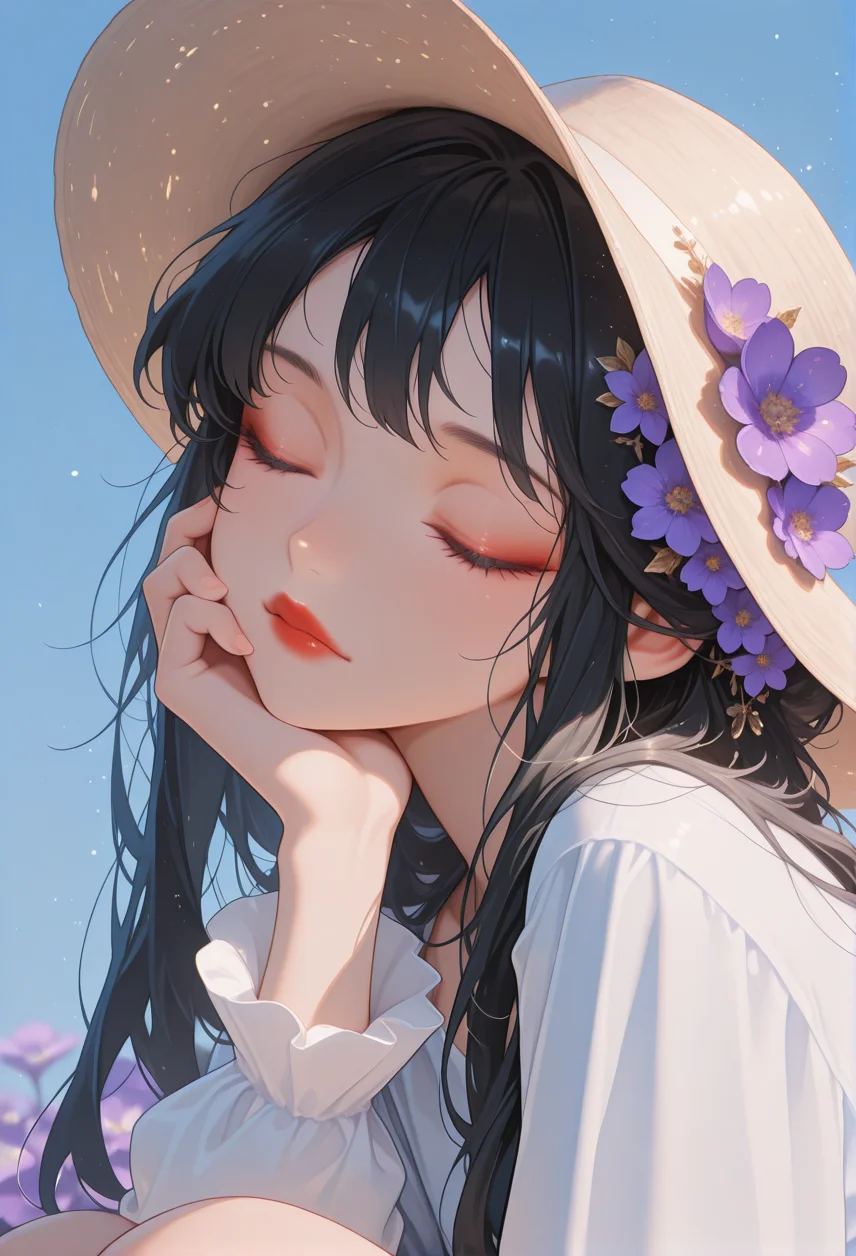 masterpiece, best quality, 1girl, black hair, blue background, blue sky, closed eyes, hair ornament, hand on own cheek, hat, light particles, long hair, looking at viewer, outdoors, portrait, purple flower, red lips, thighs, upd25, white shirt, <lora:style01:1.5>, upd25