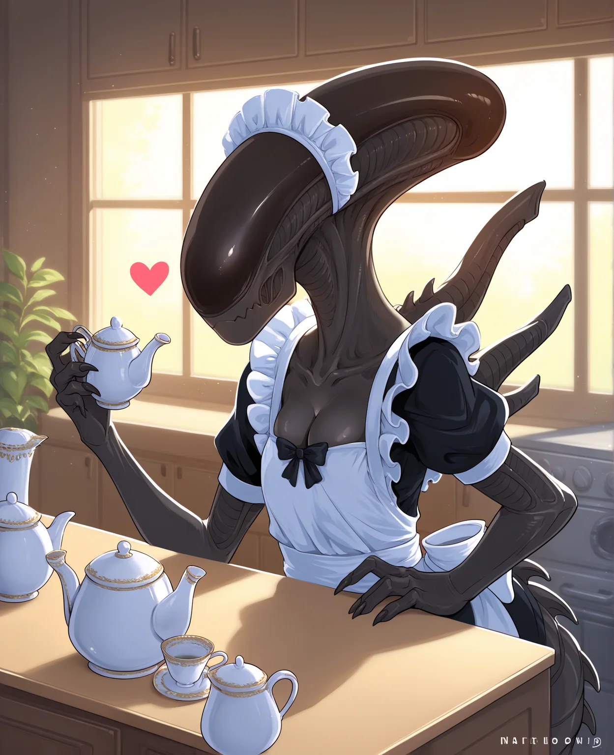 score_9, score_8_up, score_7_up, score_6_up, score_5_up, score_4_up, source_furry, [fnw|ncc], alien, xenomorph, black body, black skin, solo, spiked tail, spikes, spikes \(anatomy\), tail, female, inside, looking at viewer, hand on hip, standing, motion lines, emanata, claws, (maid uniform, maid, maid headdress:1.2), cleavage, cute, heart, backlighting, <3, heart, kitchen, table, teacup, teapot, tea set, serving, flat chest, tall, humor, courtroom, head turn, :I, wide eyed, envious
 <lora:xenomorph_pdxl:1>