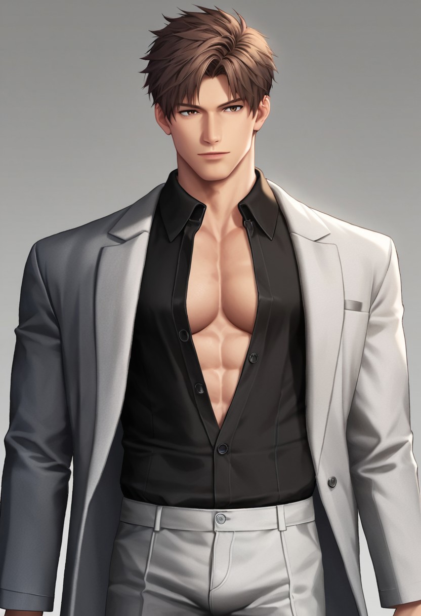 score_9, Artist7p, solo, short hair, open shirt, brown hair, daddy, hair, handsome, suit, black shirt, male focus, style