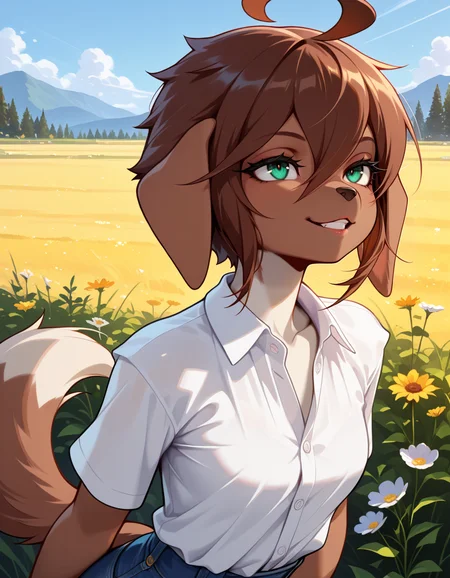 masterpiece, best quality, very aesthetic, absurdres,
outdoors,
headshot,
button-down shirt,
seductive smile, parted lips, long eyelashes,
<lora:Kess_v01_NAIXL:1>
Kess,1girl,solo,furry,furry female,dog girl,brown hair,short hair,hair between eyes,dog ears,green eyes,snout,animal nose,body fur,brown fur,dog tail,