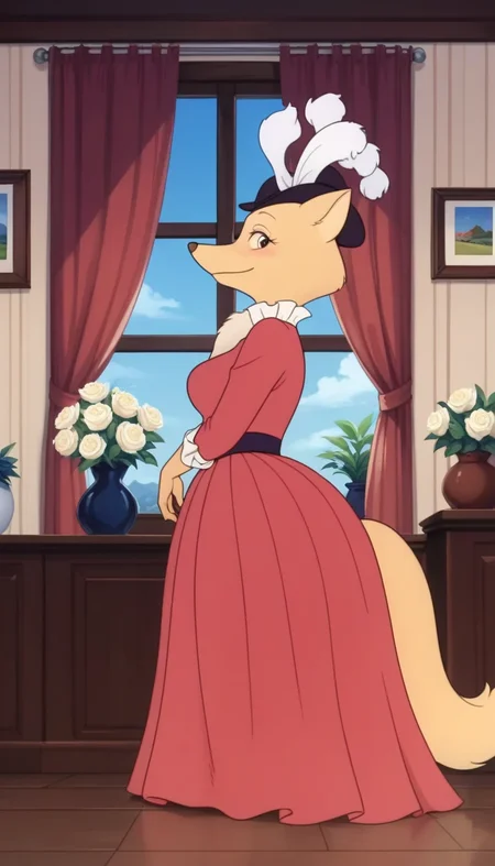 Score_9, score_8_up, score_7_up, score_6_up, highres, incredible quality, highres, mrs.fox, furry, furry female, curtains, window, solo, dress, furry, indoors, furry female, vase, smile, 1girl, tail, looking at viewer, no humans, red dress, looking at viewer, detailed eyes, detailed face, hat