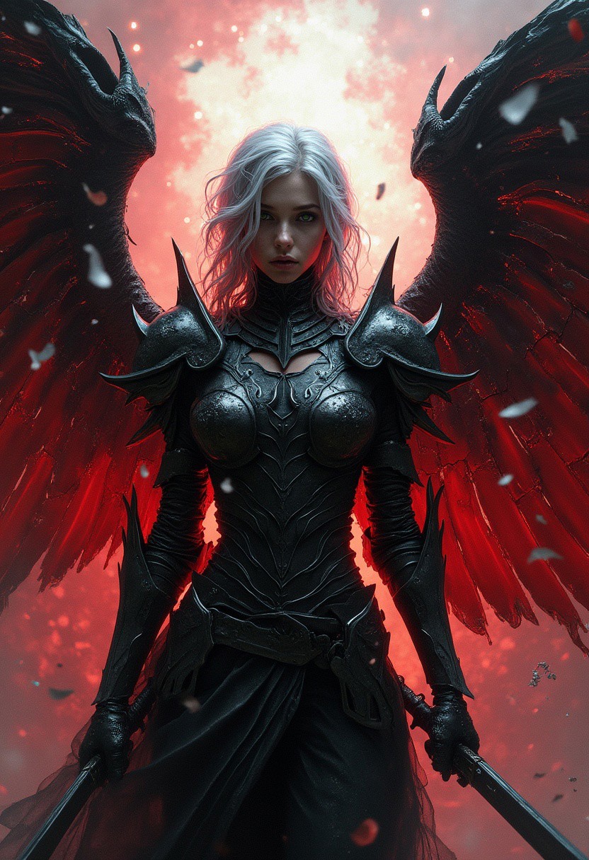 The focus is close up on a female silver haired demon hunter whose armor is partially fractured and shattered like it was glass. The backdrop is a swirling concaphony of crimson and black, separated by streaks of pure white. The backdrop is centered behind the subject. The colors are separated by metallic fractures, creating a glowing mosaic effect. The colors of the backdrop are most intense near the center. The backdrop is partially shattered like glass. The subject itself is a stark and gloomy silhouette, contrasting beautifully against the vibrant, light-filled fragments surrounding it. The hunter has black angelic wings attached at the hip, but they are not the focus. Emphasis is placed on the hunter and the backdrop. The hunter is armed and about to fight.