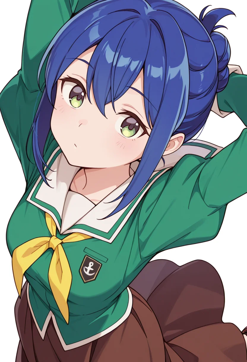 masterpiece,high quality details,
 <lora:Mamiya_Kanoko:0.8>
kanoko_cnr, 1girl, blue hair, green eyes, hair between eyes, sidelocks, single hair bun,
kanoko_s1,green shirt,white sailor collar, serafuku,juliet sleeves,long skirt, green dress, loafers, brown skirt,, simple background, white background, dynamic angle,solo,, =v=,, arms swinging,slight head tilt,arms folded behind head,
