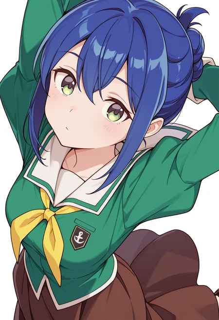 masterpiece,high quality details,
 <lora:Mamiya_Kanoko:0.8>
kanoko_cnr, 1girl, blue hair, green eyes, hair between eyes, sidelocks, single hair bun,
kanoko_s1,green shirt,white sailor collar, serafuku,juliet sleeves,long skirt, green dress, loafers, brown skirt,, simple background, white background, dynamic angle,solo,, =v=,, arms swinging,slight head tilt,arms folded behind head,