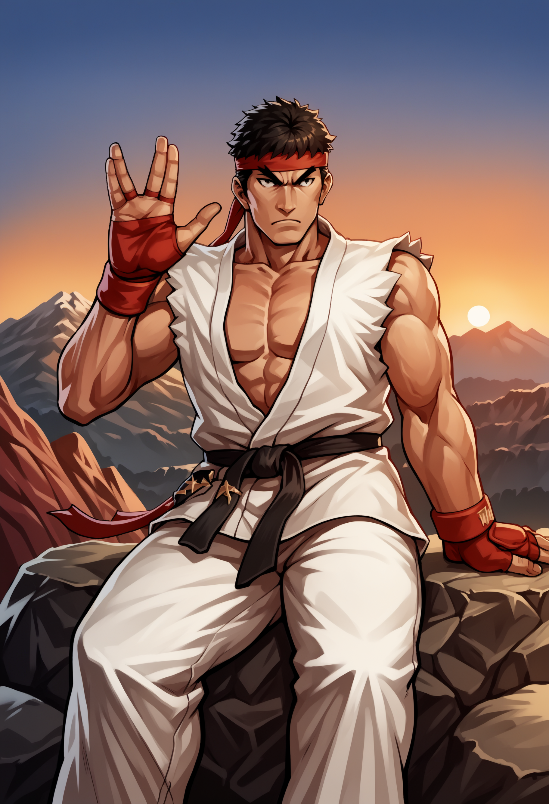 score_9, score_8_up, score_7_up, score_6_up, score_5_up,<lora:Ryu_-_Street_Fighter_-_Super_Smash_Bros._Ultimate:1> , source_anime, ryu, 1boy, solo, headband, chest, muscular
sitting at a rock,high mountains,sunset,wind blowing,serene,
vulcansalute hand gesture<lora:VulcansalutePonyV1-000035>