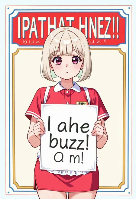 plain empty background, Platinum Blonde Hair, 18 Years of Age Woman, (Bowlcut, Bobcut, straight fringe), (lithe), ((female)), (American Diner Waitress), looking at viewer, standing upneed_buzz, holding sign ('Tip me some Buzz!'), Advertising Style, retro50adxl, retro advertisement, poster,