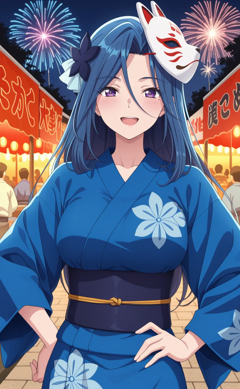 1girl,sksh1r1zean1m,anime coloring,solo,lady,blue hair,purple eyes,mole under eye, long hair,breasts,hair ornament,hair between eyes,,mask on head,(blue yukata,wide sleeves),  outdoors,summer festival,fireworks,shop,night,people in the background,upper body ,open mouth ,blush ,hand on own hip ,smile ,looking at viewer,best quality,masterpiece,sensitive ,   <lora:SokushiCheatRizeAnimeNoobAI3:0.9>