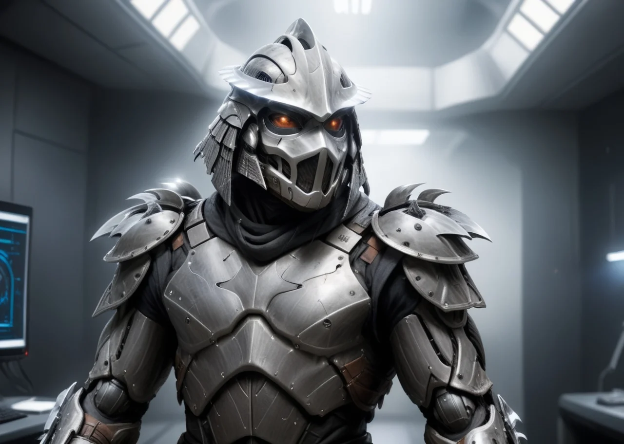 a highres photo of a TMNTShredder 1man armored samurai knight, wearing a futuristic full armor outfit with pauldrons and futuristic metal samurai helmet with mask, in a futuristic research facility, computers, futuristic machines, muscular build, <lora:90s_TMNT_Shredder_SDXL:0.8> <lora:compb0t:1>