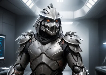 a highres photo of a TMNTShredder 1man armored samurai knight, wearing a futuristic full armor outfit with pauldrons and futuristic metal samurai helmet with mask, in a futuristic research facility, computers, futuristic machines, muscular build, <lora:90s_TMNT_Shredder_SDXL:0.8> <lora:compb0t:1>