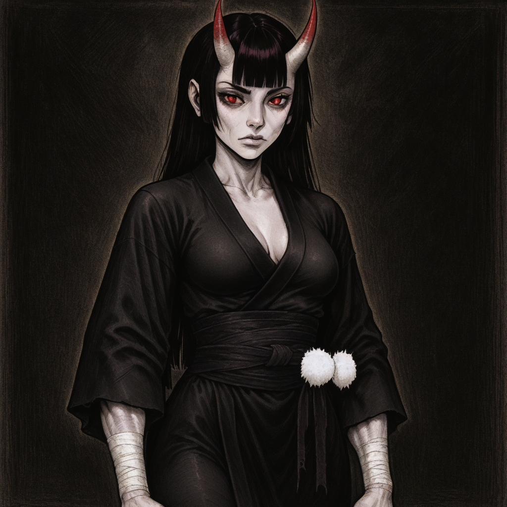 masterpiece, best quality, newest, absurdres, highres, 1girl, asian, asian female, goth, gothic, oni, toned, toned female, pale, pale skin, hime cut, kimono, black kimono, black hair, red eyes, horns, oni horns, medium breasts,  bandages, wraps, shirt,