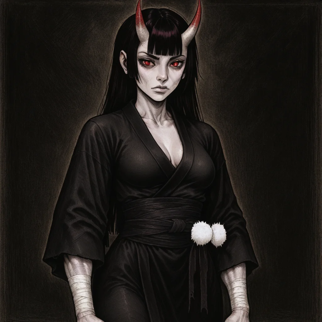masterpiece, best quality, newest, absurdres, highres, 1girl, asian, asian female, goth, gothic, oni, toned, toned female, pale, pale skin, hime cut, kimono, black kimono, black hair, red eyes, horns, oni horns, medium breasts, bandages, wraps, shirt,