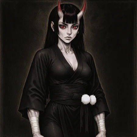 masterpiece, best quality, newest, absurdres, highres, 1girl, asian, asian female, goth, gothic, oni, toned, toned female, pale, pale skin, hime cut, kimono, black kimono, black hair, red eyes, horns, oni horns, medium breasts, bandages, wraps, shirt,