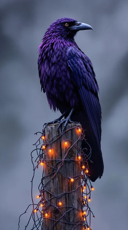 Create a hyper-stylistic image of a majestic purple raven perched atop a wooden post, wrapped in a garland of orange Halloween lights that seem to cast a warm, eerie glow. The raven's plumage is a rich, deep purple, with subtle shading and texture that gives it a lifelike quality. The wooden post is weathered and worn, with intricate details and textures that suggest age and decay. The fog that blankets the scene is thick and impenetrable, with tendrils that seem to curl and twist around the post like living vines. The overall effect is a haunting, atmospheric image that combines the mystery of the raven with the magic of the Halloween season. highest-Quality, intricate details, visually stunning, Masterpiece