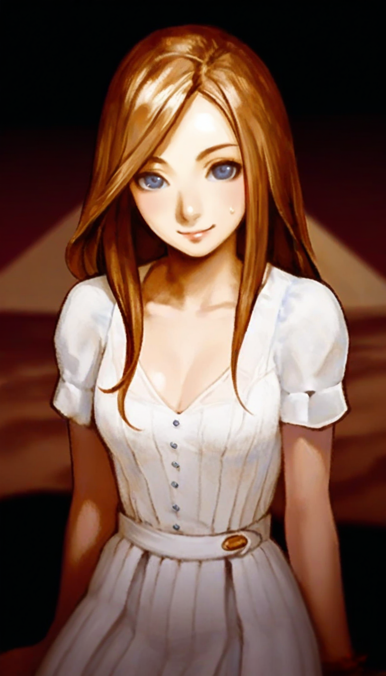 masterpiece,best quality,amazing quality,
<lora:charlotteAullinNAI:1>,charlotteaulin,
1girl,solo,
brown hair,long hair,
blue eyes,looking at viewer,smile,
white collar,white dress,short puffed sleeves,
sweaty,
sitting,
blurry background,depth of field,vignetting,light particles,soft lighting,
black sun,dark,pyramid in the background,desert,heat wave,