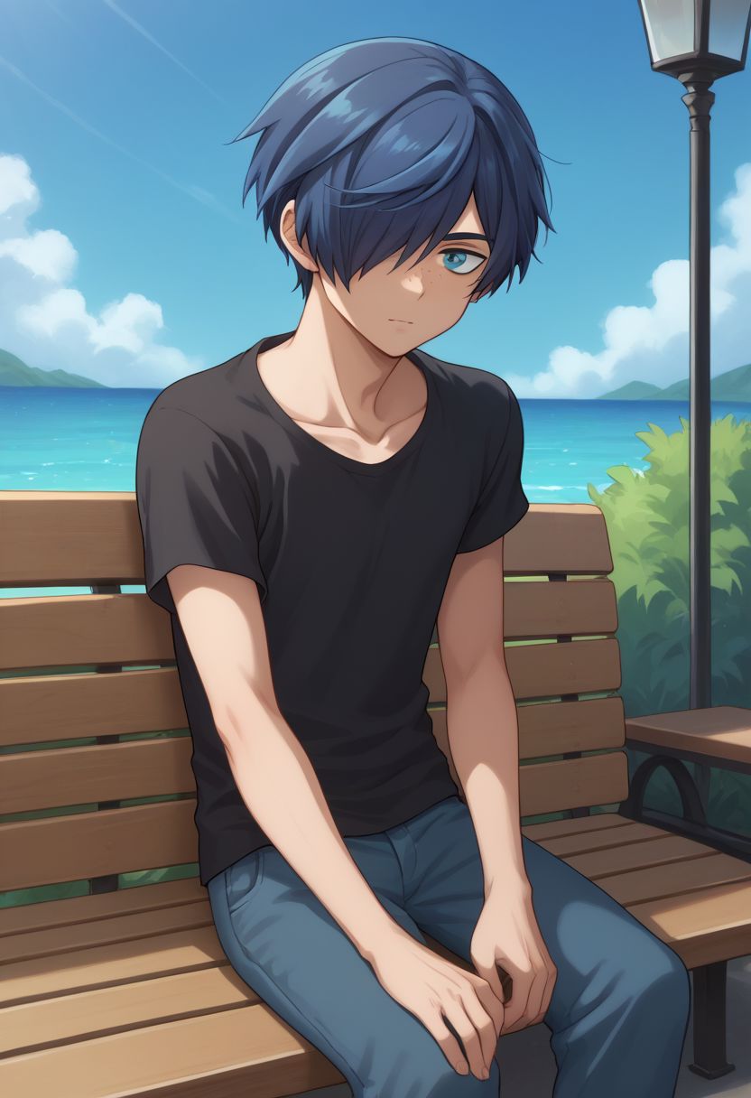 score_9, score_8_up, source_anime, highly detailed, 1boy, skinny,
toi, 1boy, male focus, hair over one eye, solo, freckles, blue eyes, shirt, blue hair, black shirt, sleeveless, collarbone, t-shirt, 
outdoor, sit, bench,