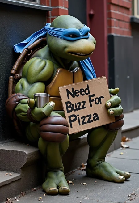 TMNTRaphael holding a tin cup and a cardboard sign that says 'Need Buzz for Pizza', while sitting on a dirty city sidewalk, movie still a teenage mutant ninja turtle begging in new york. High