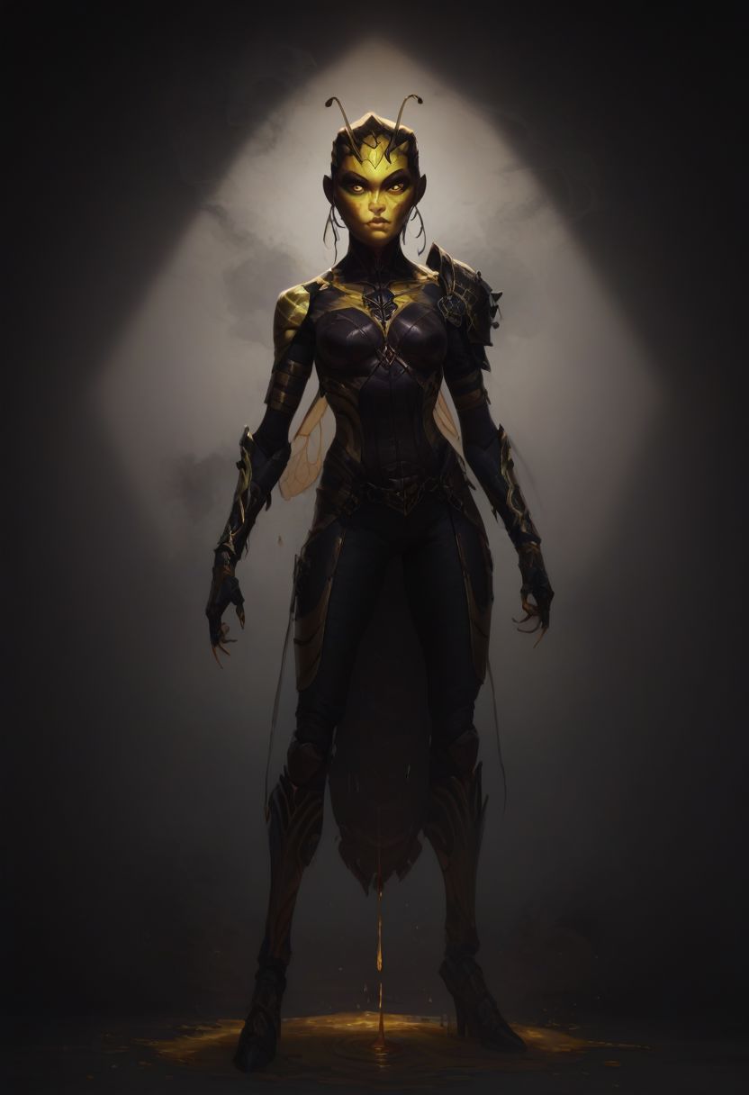 score_9, score_8_up, score_8_up, raw, Thri Kreen, colored sclera, beetle antennae, 2 pairs of hands, black eyes, (black chitin, yellow face chitin, yellow stripes:2), insect wings, white hair, black antennae, fur collar,  steel armor, fantasy background, blurred background, arthropod abdomen, arthropod, insect, insect hive background, blurry background, honey, dripping honey, gloden diffuse lighting, dark lighting, Dvorah, (full body shot:1.5),
BREAK, arcan3styl3v1, 43stl1ght1ng, low light, dramatic lighting, darkness, smoke, neon, spotlight, concept art, realistic, dark theme, low light,