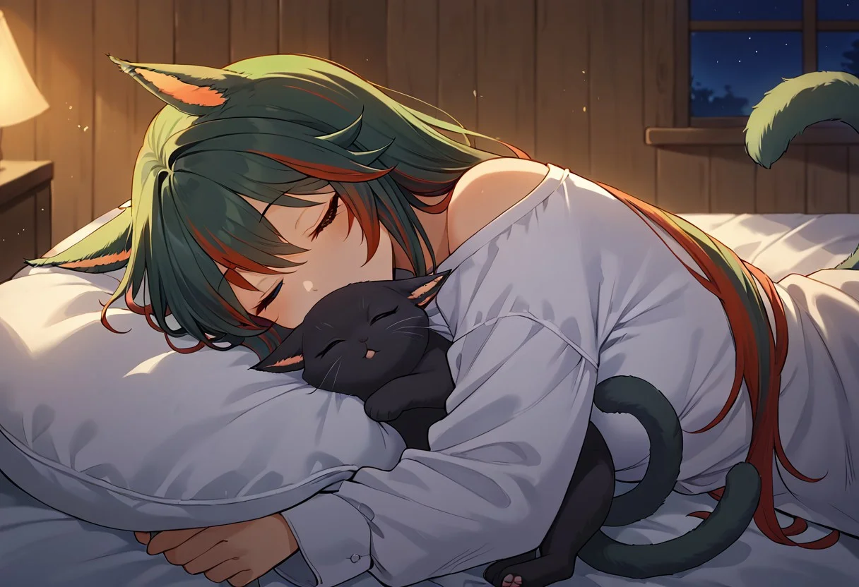 score_9, score_8_up, score_7_up,bed room, 1girl, solo,cute, siriha, miqo'te, green hair, red hair, two-tone hair, tail, heterochromia, oversized white shirt, sleeping,eyes closed,hugging a cat,hug cat ,night,low light,dark outside