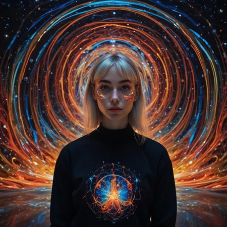 t-shirt, night, blonde hair, girl , RAW, photo, source_photo, highly quality, 8k, she stand at a small stage floor, overlooking an infinite cosmic rave., BREAK, The floating alien island beneath the stage is dotted with glowing star crystals that shimmer in different colors. Her eyes look contemplative as she sips a vibrant cosmic drink, colorful liquid matching her luminous jewelry. The view of stars and swirling galaxies and light trails in the background gives a dreamy feel to this moment. BREAK, glow circuit patterns, style of Light painting, eye focus, gloves, glowing eyes,blacklight makeup, black light paint, blp, made out of,colorful,liquid,Murano Art Glass
