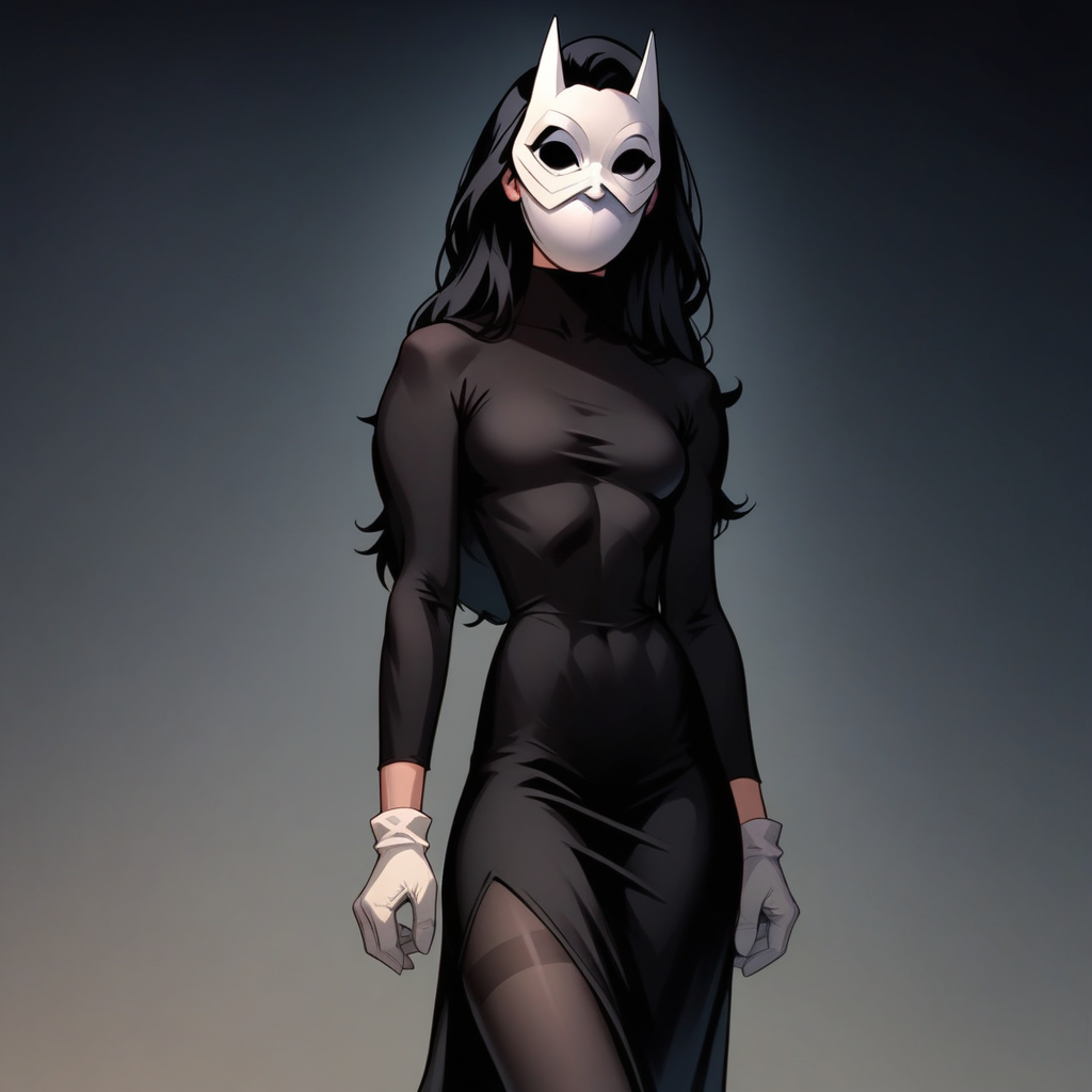 score_9, score_8_up, score_7_up, score_6_up, score_5_up, score_4_up, source_anime, (masterpiece), high quality, 4k, Artist style: Bruce Timm, DCAU, DC comics, Western Comics, masked_woman, m4skedw0m4n, BREAK, 1woman, Calendar_Girl, (Page Monroe), long hair, black hair, skintight clothing, long-sleeved dress, black dress, black tights, petite, (white mask), (mask:1.6), (monochromatic outfit), gloves, (black eyes:1.5), (no eyes:1.4)