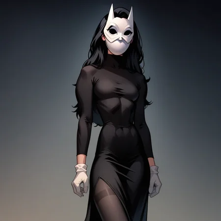score_9, score_8_up, score_7_up, score_6_up, score_5_up, score_4_up, source_anime, (masterpiece), high quality, 4k, Artist style: Bruce Timm, DCAU, DC comics, Western Comics, masked_woman, m4skedw0m4n, BREAK, 1woman, Calendar_Girl, (Page Monroe), long hair, black hair, skintight clothing, long-sleeved dress, black dress, black tights, petite, (white mask), (mask:1.6), (monochromatic outfit), gloves, (black eyes:1.5), (no eyes:1.4)