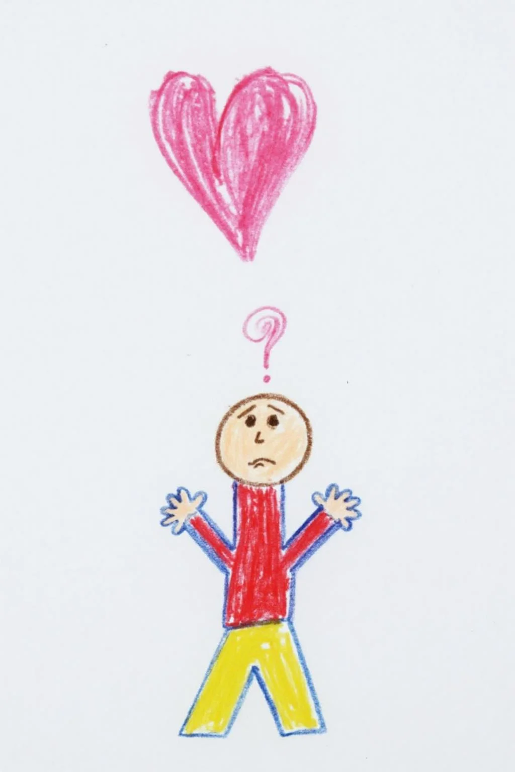 The drawing depicts a simple, childlike figure with a puzzled expression. The figure is drawn with a small head, two arms extended outward, and legs bent at the knees. The head is a simple, rounded shape with a small question mark above it, indicating confusion. The figure's body is composed of simple, stick-like limbs. There is a pink heart, symbolizing love, at the top of the message. <lora:5yocrayon1_cap_d6a3e12:1.0><lora:822090924382261905:0>