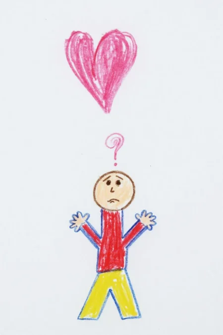 The drawing depicts a simple, childlike figure with a puzzled expression. The figure is drawn with a small head, two arms extended outward, and legs bent at the knees. The head is a simple, rounded shape with a small question mark above it, indicating confusion. The figure's body is composed of simple, stick-like limbs. There is a pink heart, symbolizing love, at the top of the message. <lora:5yocrayon1_cap_d6a3e12:1.0><lora:822090924382261905:0>