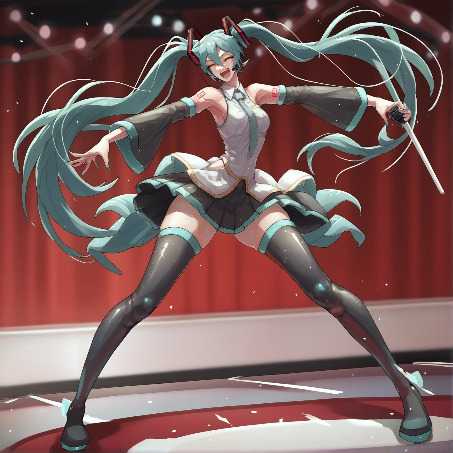 <lora:CanvasSolaris_V2.6:1> cnvsls, hatsune miku standing on the stage of a concert hall, she is singing and holding a microphone in her right hand., score_9, score_8_up, score_7_up, score_6_up,