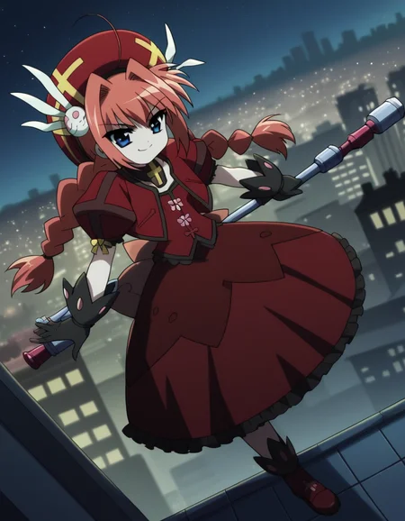 score_9, score_8_up, score_7_up, source_anime, <lora:vita-movie2-ponyxl-lora-nochekaiser:1>, vita, blue eyes, braid, ahoge, red hair, twin braids, rabbit hair ornament,, gloves, hat, dress, weapon, open clothes, open jacket, magical girl, red dress, cropped jacket, hammer,, city skyline, rooftop view, night time, city lights, quiet reflection, smile, , smug, solo,, dutch angle,