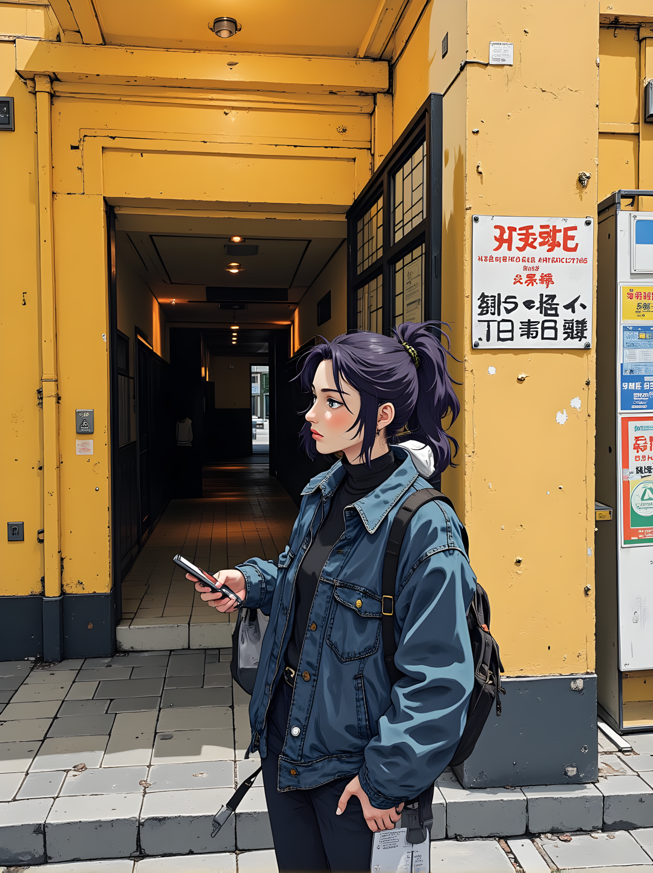 Vibrant and detailed illustration of a person standing in front of a building entrance. The individual has long, dark hair styled in a ponytail, with some strands falling loosely around their face. They are wearing a denim jacket over a black top, which adds to the overall sense of style and casualness.
The person is holding a phone in one hand, suggesting that they might be checking messages or navigating. Their expression is neutral, with a slight hint of curiosity or contemplation as they look off to the side.
The background features a yellow wall with some signs and posters visible, adding to the urban setting. There is also a doorway leading into a dimly lit interior, creating a sense of depth and perspective.
Overall, this illustration captures a moment of quiet observation and everyday life, with the combination of the person's attire, the soft lighting, and the detailed rendering creating a visually engaging and emotionally resonant scene. The use of color and composition adds depth and character to the artwork, making it a powerful and evocative piece.
j_art, anime, anime art, <lora:FLUX\jul\J_Anime:1.0>, <lora:FLUX\Anime Art V3:0.1>, <lora:FLUX\RM_Artistify_v1.0M:0.1>, <lora:FLUX\RetroAnimeS1.1:0.1>