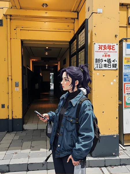 Vibrant and detailed illustration of a person standing in front of a building entrance. The individual has long, dark hair styled in a ponytail, with some strands falling loosely around their face. They are wearing a denim jacket over a black top, which adds to the overall sense of style and casualness.
The person is holding a phone in one hand, suggesting that they might be checking messages or navigating. Their expression is neutral, with a slight hint of curiosity or contemplation as they look off to the side.
The background features a yellow wall with some signs and posters visible, adding to the urban setting. There is also a doorway leading into a dimly lit interior, creating a sense of depth and perspective.
Overall, this illustration captures a moment of quiet observation and everyday life, with the combination of the person's attire, the soft lighting, and the detailed rendering creating a visually engaging and emotionally resonant scene. The use of color and composition adds depth and character to the artwork, making it a powerful and evocative piece.
j_art, anime, anime art, <lora:FLUX\jul\J_Anime:1.0>, <lora:FLUX\Anime Art V3:0.1>, <lora:FLUX\RM_Artistify_v1.0M:0.1>, <lora:FLUX\RetroAnimeS1.1:0.1>