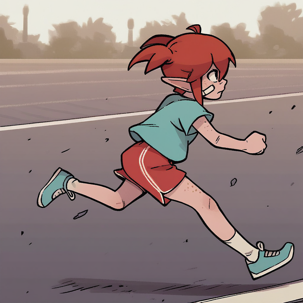 score_8, score_8_up, score_7_up, 1girl, female focus, solo, DQB_DT, red hair, antenna hair, short twintails, sidelocks, pointy ears, hair between eyes, freckles, bandaid on cheek, t-shirt, athletics shorts, from side, running, outdoors, running track, stadium, sneakers, kneehighs, white socks, full body,