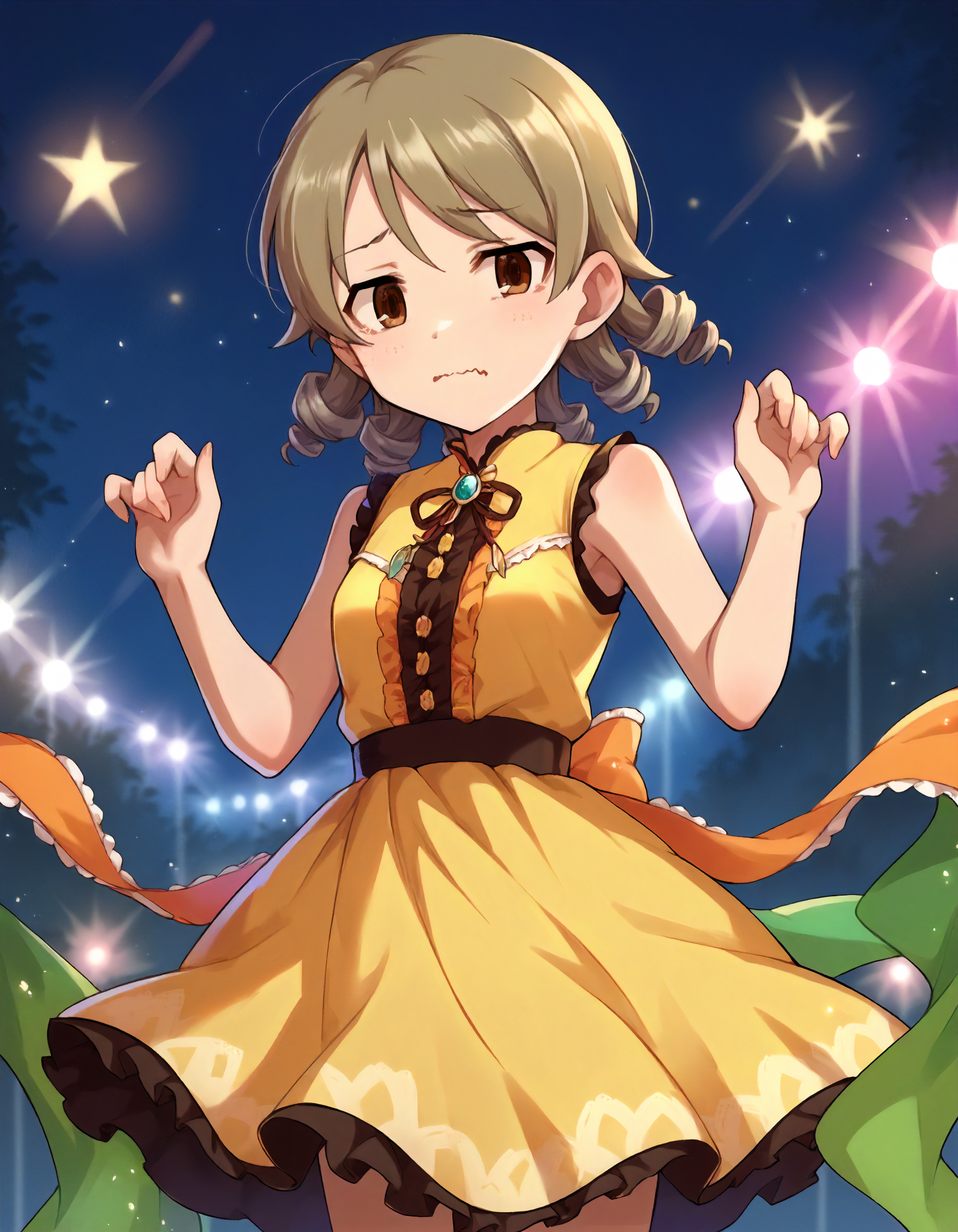 score_9,score_8_up,score_7_up,1girl,solo,cowboy shot,wavy mouth,stage lights,
<lora:morikubonono_ponyXLV6:0.8>,cgmn,
light brown hair,medium hair,drill hair,brown eyes,
yellow dress,sleeveless,frills