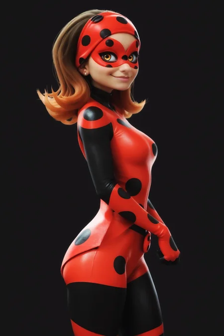 score_9, score_8_up, score_7_up, masterpiece, high quality, solo, beautiful girl, smile, closed mouth, 19 years old, large breast, looking back, blush, cute, wide hips imtdscarabella, 1girl, bodysuit, mask, domino mask, polka dot, brown hair, red hair, superhero, gloves, brown eyes, yellow eyes, dark-skinned female, turtleneck, flipped hair, earrings, skin tight, ass, dark background, simple background.
