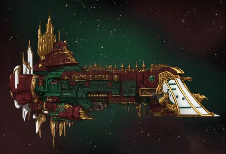 (Digital illustration), bold lines, dramatic shading, line art, concept art style,digital painting,digital illustration, dark red and green and gold and white impstarship (Emperor-class Battleship) ship head golden lion,in outer space,solo,side view,ornate, accretion disk, ship with massive multidesk cannon ports and covered with Gothic cathedrals, <lora:Imperial_Navy_-_Warhammer_40000_SDXL:0.8> impstarship