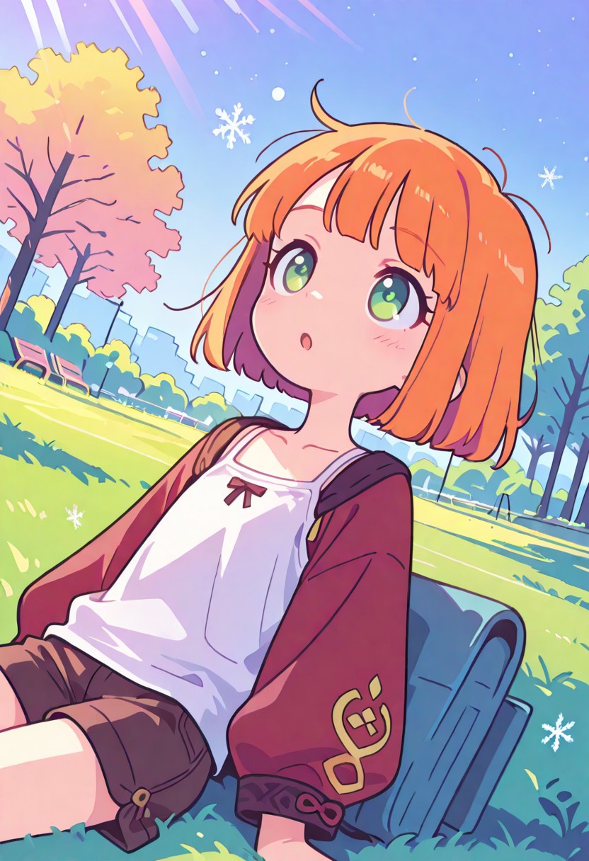 masterpiece, best quality, newest, very awa, Smooth, no lineart, no outline, very aesthetic, Flatline, Flat vector illustration, flat colors, Colorful themes, High Saturation, haiz_ai, orenji, <lora:ponyv6_noobE11_2_adamW-000017:0.9> <lora:MeMaXL4:0.5> <lora:veluflora-wai:0.35> <lora:haiz_ai_illu:0.5>, 
1girl, petite, cute, small, fragile, young, youthful, flat chest, orange hair, bob cut, short hair, green eyes, fair skin, messy hair,
white tank top, puffy outwear, shorts,
looking up, collarbone, tilted head, :o, leaning back,
dynamic angle, morning, park, public, volumetric light, bloom, sunrays, heavy snowfall, snowflakes falling from the sky, grass, trees, summer,