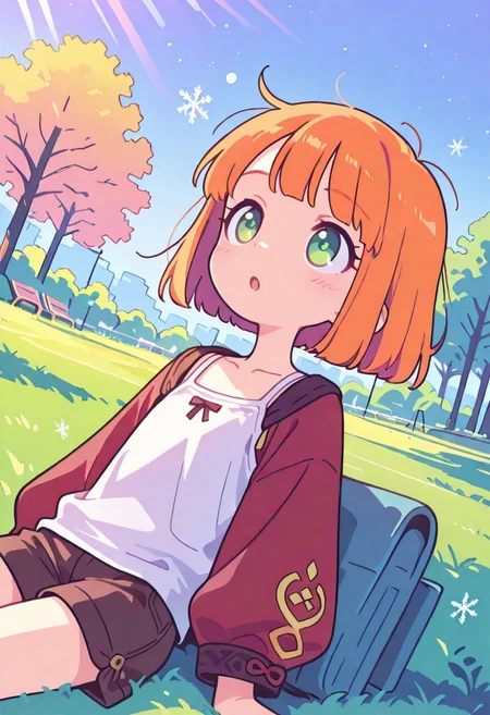 masterpiece, best quality, newest, very awa, Smooth, no lineart, no outline, very aesthetic, Flatline, Flat vector illustration, flat colors, Colorful themes, High Saturation, haiz_ai, orenji, <lora:ponyv6_noobE11_2_adamW-000017:0.9> <lora:MeMaXL4:0.5> <lora:veluflora-wai:0.35> <lora:haiz_ai_illu:0.5>, 
1girl, petite, cute, small, fragile, young, youthful, flat chest, orange hair, bob cut, short hair, green eyes, fair skin, messy hair,
white tank top, puffy outwear, shorts,
looking up, collarbone, tilted head, :o, leaning back,
dynamic angle, morning, park, public, volumetric light, bloom, sunrays, heavy snowfall, snowflakes falling from the sky, grass, trees, summer,