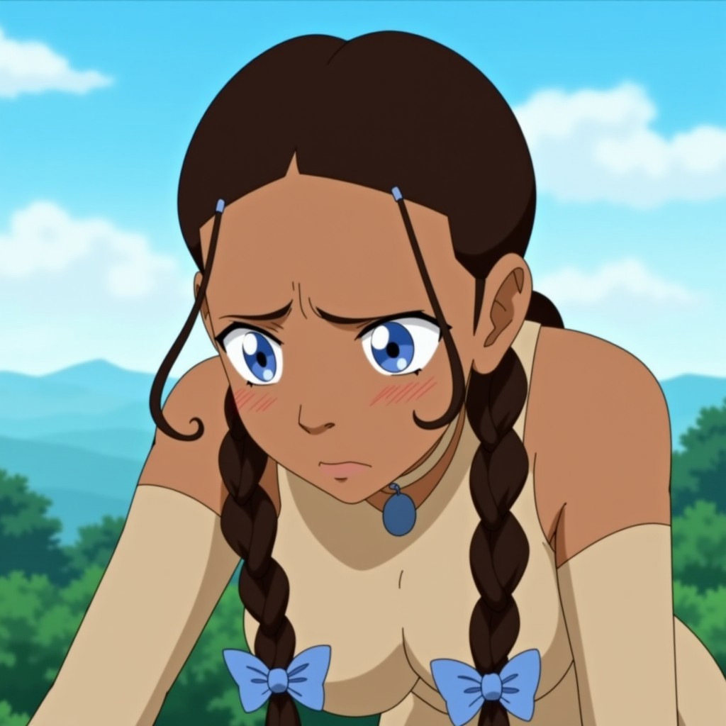 the image is a digital drawing in a clean, anime-style format. the subject is a young woman with a brown skin tone and dark brown hair styled in two long braids, tied with blue ribbons. she has large, expressive blue eyes and a small, slightly upturned nose. her cheeks are flushed, suggesting embarrassment or excitement. she is leaning forward, her body language indicating a playful or submissive pose., katara atla. colorful landscape background
