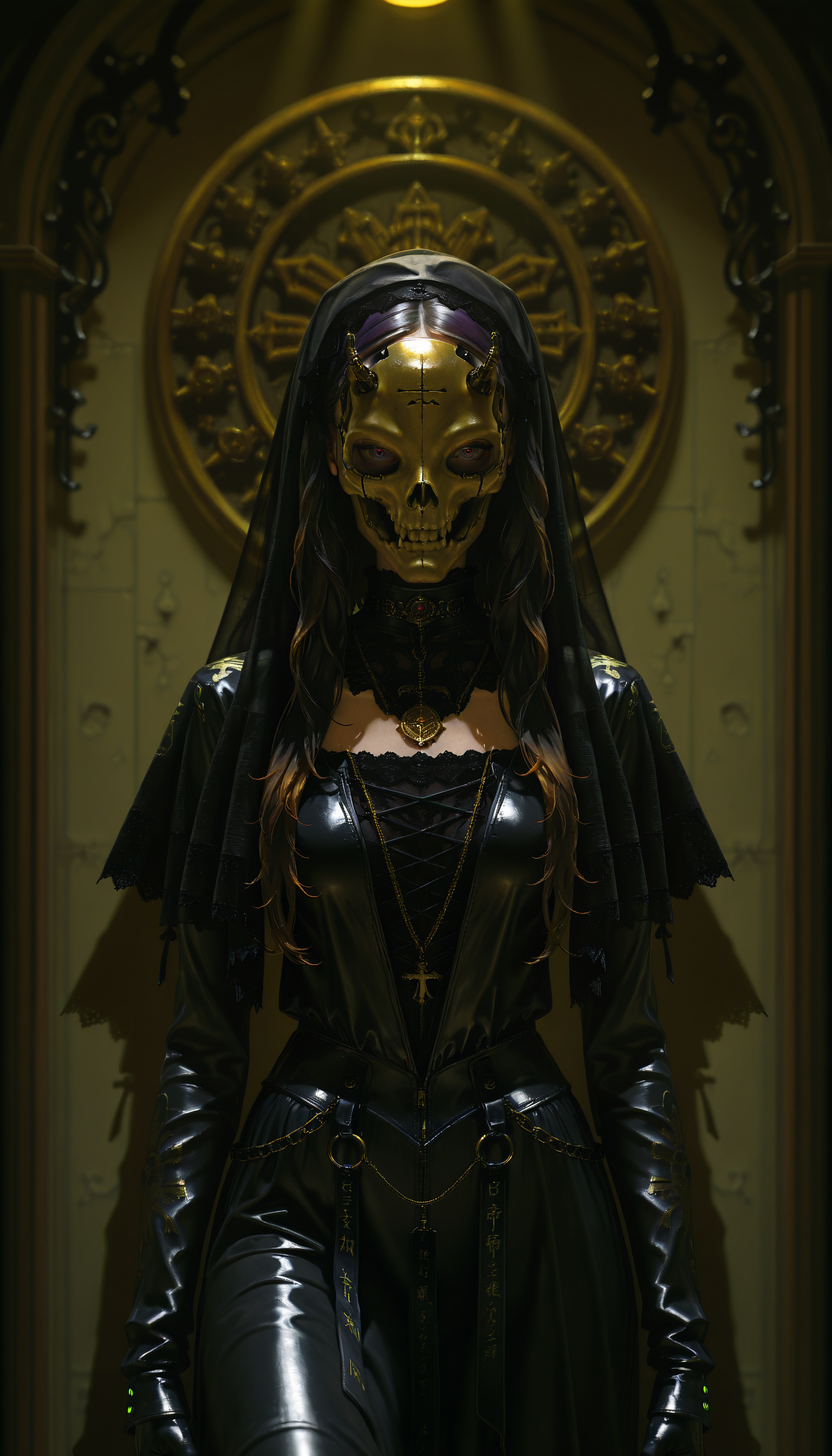 (absurdres, highres, masterpiece, absurdly_hires, best_quality, depth_of_field, cyberpunk, futuristic, science_fiction, biomechanical, mechabare, textured_hair, textured_clothing, skin texture, realistic, blender_\(artwork\), photo-referenced, photo_background)
(dre4mingde4th, solo, upper_body, looking_at_viewer, mask, skull_mask, veil, gold, long_hair, dark_hair, black_gloves, lace, gothic, jewelry, chains, ornate, detailed, dramatic_lighting, mysterious, black_dress, wall_background, shadow)