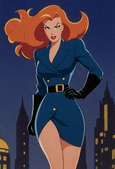 Drawn by Bruce Timm animated series, full-length, creates a couple of beautiful and exuberant women, a ginger redhead, with wavy hair, and another blonde woman with long hair that covers part of her face, both are dressed in a suit of secret super agent, glamorous and in an extravagant and heroic position, a city on fire, with police and aircraft, is captured in motion with background blur. Bruce Timm's drawing style predominates, with his illustration style from the 1995 animated series. Into the Night.