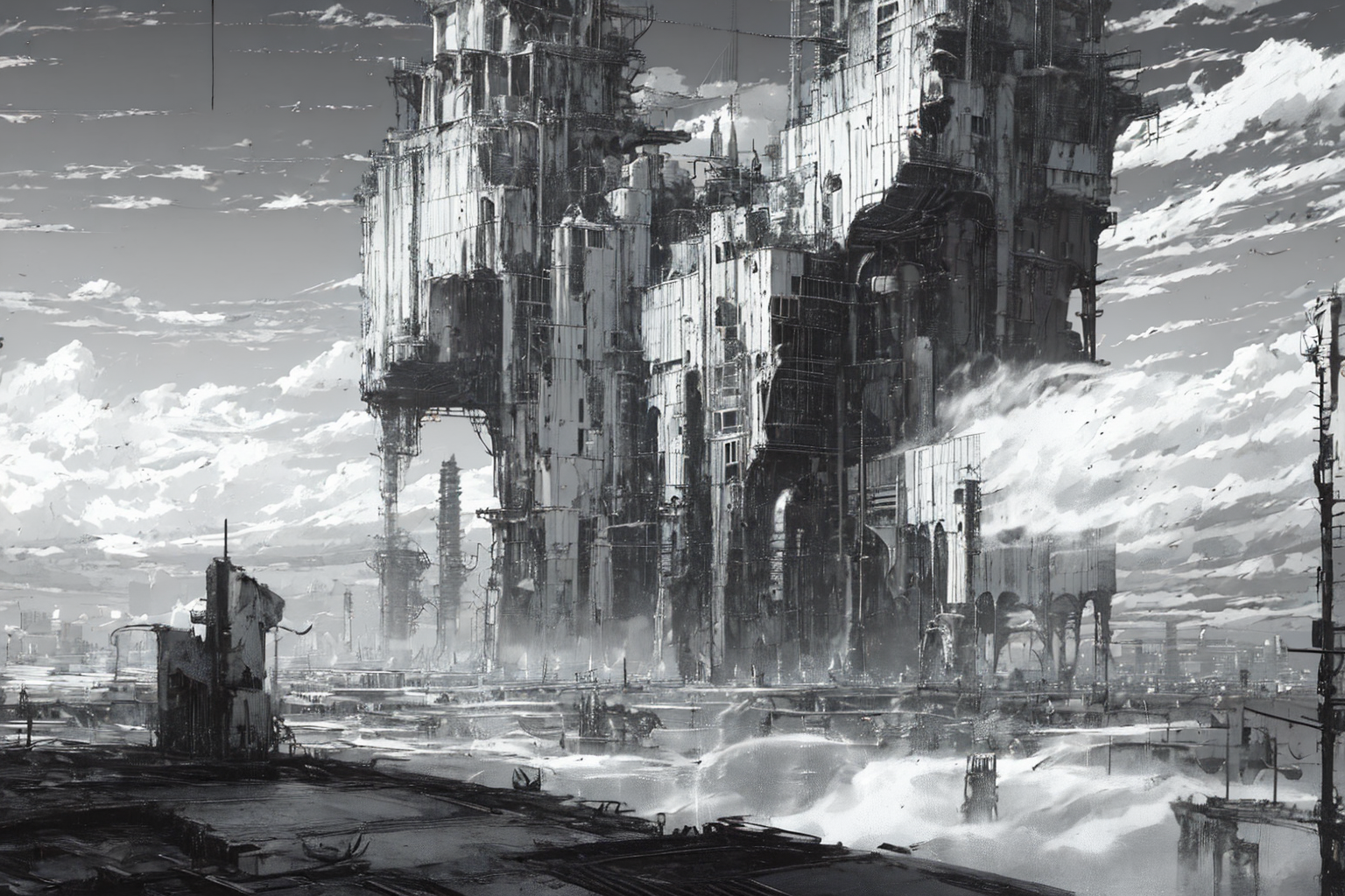 ((masterpiece)), ((best quality))1girl, Empty, ruins, huge scenes, sky, metal, machines, machinery ，Black and white, comic style, shabby landscape, heavy black and white, <lora:Blame!:1>