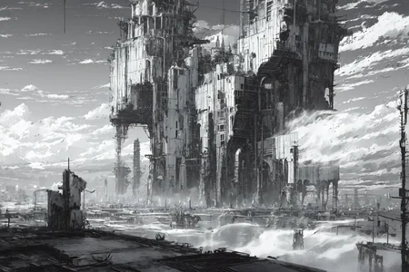 ((masterpiece)), ((best quality))1girl, Empty, ruins, huge scenes, sky, metal, machines, machinery ，Black and white, comic style, shabby landscape, heavy black and white, <lora:Blame!:1>