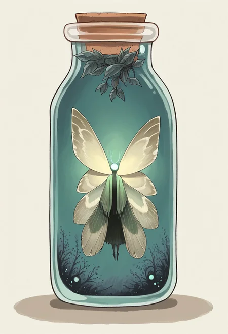 score_9, score_8_up, score_7_up, score_6_up, <lora:oddities_shop_specimen:1> 0ddmag1c, ( 1girl, humanoid fairy) ( beautiful fairy) bellybutton, feet, (in container:1.3), rounb jar, spericle jar, solo, humanoid, cork, label, full body, ( light green moth wings), floating, feet dangling, slightly glowing, shelves, specimens in jars,