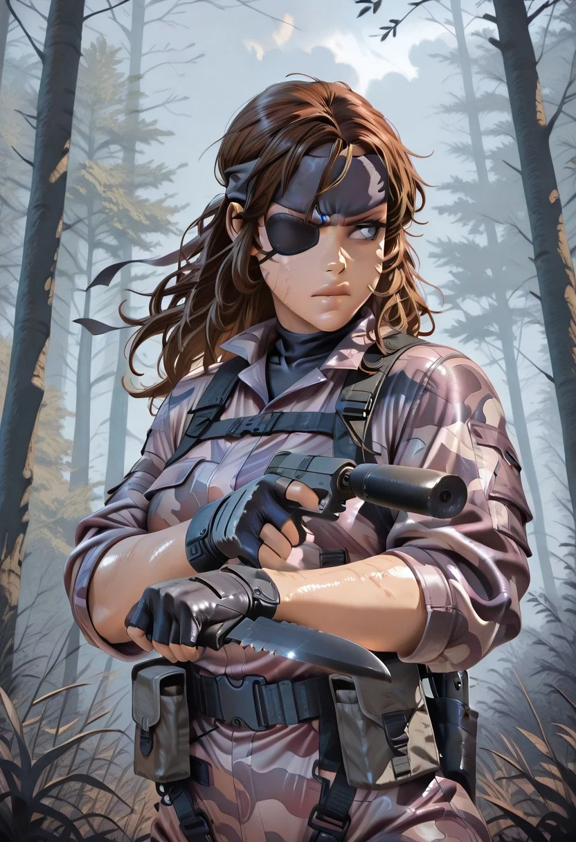 1girl, Kaoru Itou, brown hair, long hair, blue eyes, eyepatch, light_purple camo suit, bandana, fingerless gloves, pistol x tac knife, holding gun, suppressor, holding pistol and knife, upper body, jngl3, outdoors, nature, masterpiece, best quality, amazing quality,