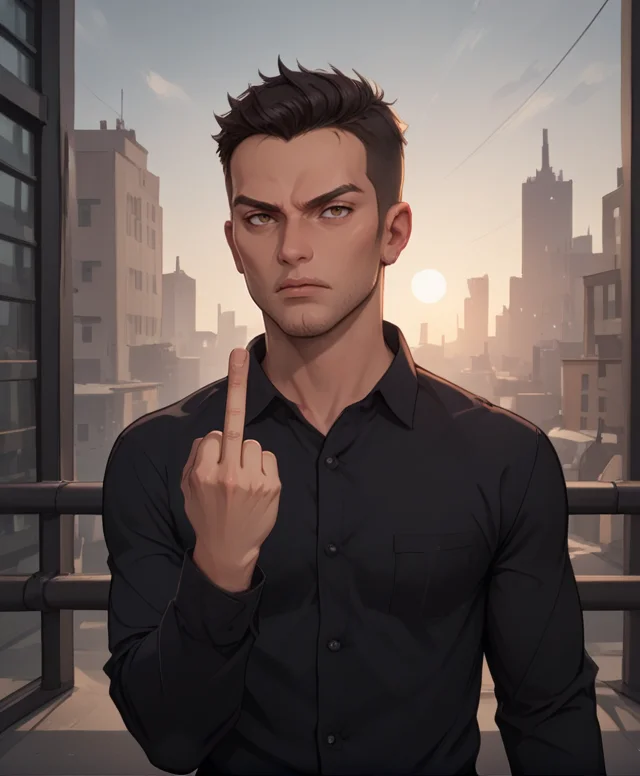 score_9, score_8_up, score_7_up, A frustrated young man giving the middle finger, standing in front of a cityscape <lora:middleFinger:1> , <lora:sinfully_stylish_SDKL:0.5> dark dramatic lighting, shadows,