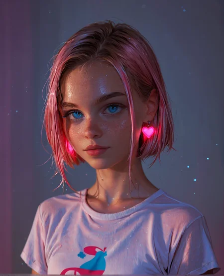 score_9, score_8_up, score_7_up, NEON, goosebumpskin, Expressiveh, photography, 1girl, 18 years old, supermodel face, cute, out of frame, (younger:1.2),smooth skin, extreme detail, portrait, perfect focus, small pink earrings, looking_at_viewer, t-shirt,  (blue and pink light:1.3), (eyes close up:1.5), (unique perspective),(dramatic angle), 50mm lens, nikin z9, blue_eyes, blacklight, glowing, neon light, wet skin, glowing skin, dark_background, darkness,  <lora:Faces\MJ52_v1.3_Li.safetensors:0.2:0.2> <lora:Faces\MJ52_v2.0.safetensors:0.2:0.2>