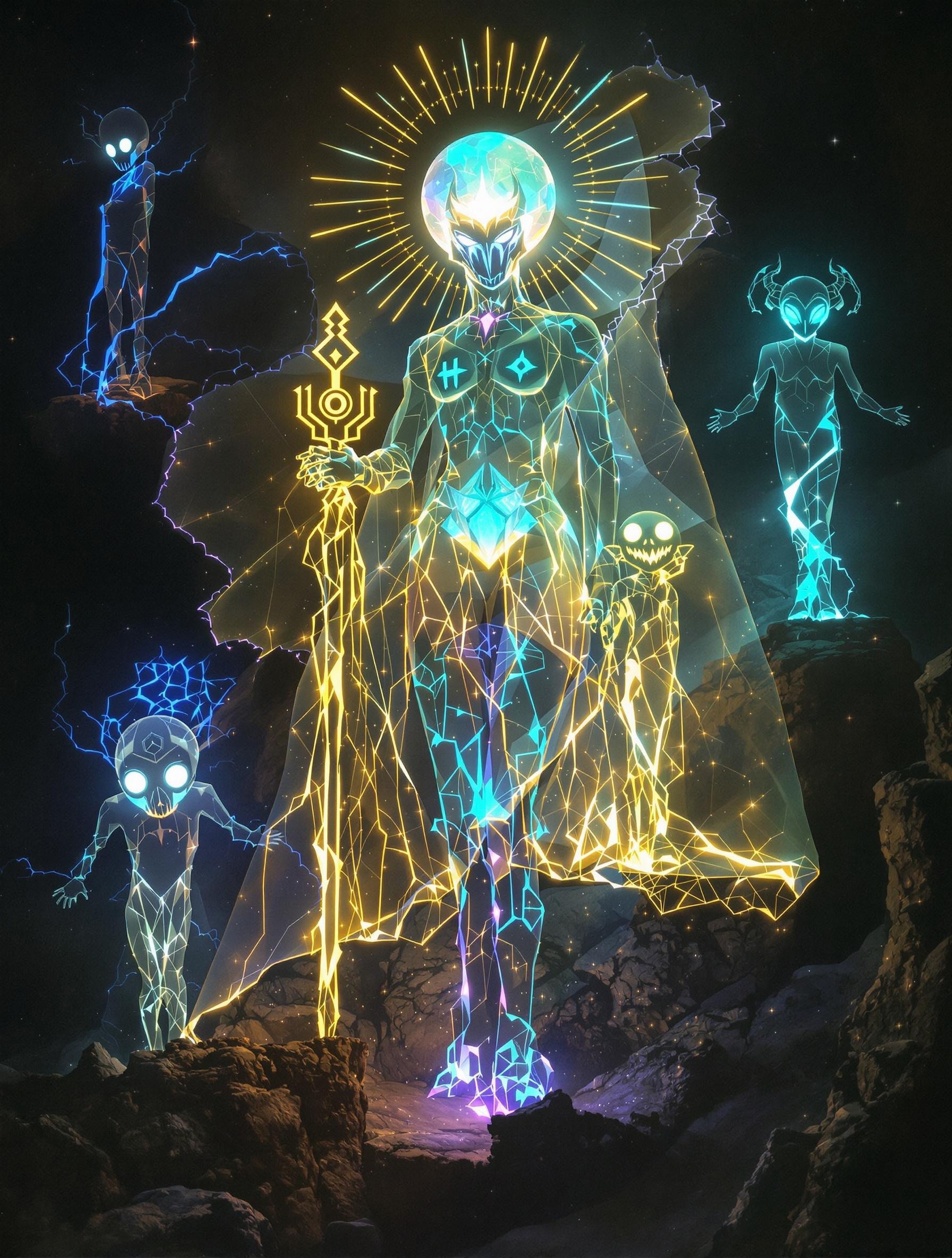 7 bioluminescence translucent entities they are,
A Bioluminescence translucent Hydrogen God - H (Atomic number 1)
A Bioluminescence translucent Helium Goddess- He (Atomic number 2)
A Bioluminescence translucent Lithium God - Li (Atomic number 3)
A Bioluminescence translucent Beryllium Goddess- Be (Atomic number 4)
A Bioluminescence translucent Boron elf - B (Atomic number 5)
A Bioluminescence translucent Carbon/humanoid - C (Atomic number 6)
A bioluminescence translucent Nitrogen/demon - N (Atomic number 7)
Oxygen - O (Atomic number 8)
Masterpiece, 32k, 16k, 8k,